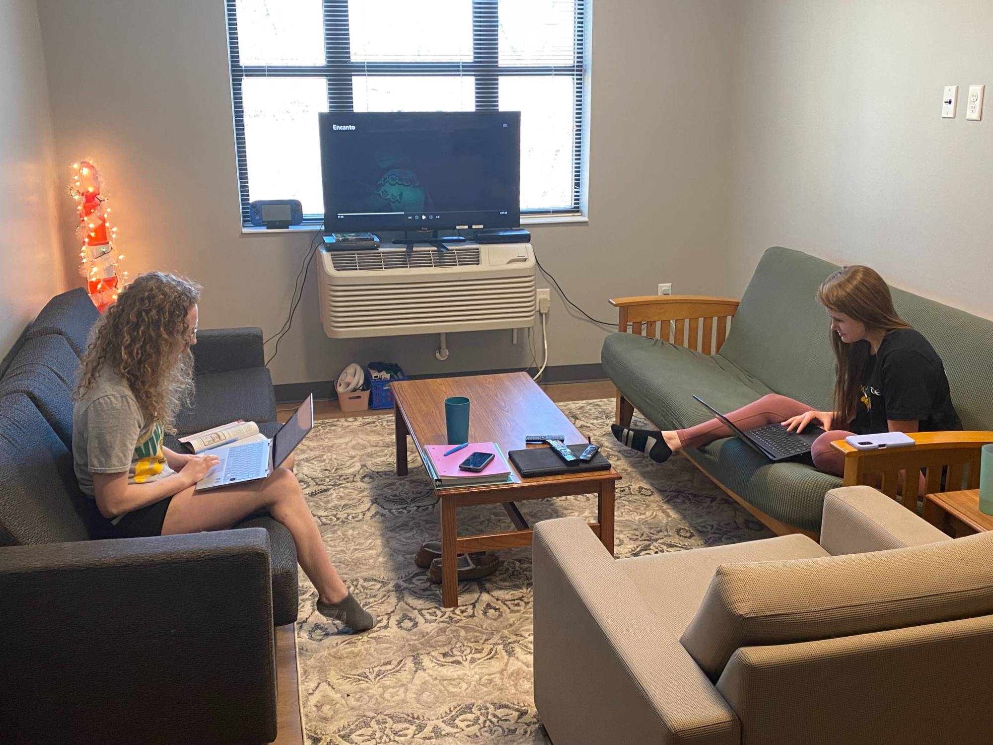 two female students in their student housing living room with one couch on one side on one wall and another couch on the opposite wall, sitting across from each other and studying