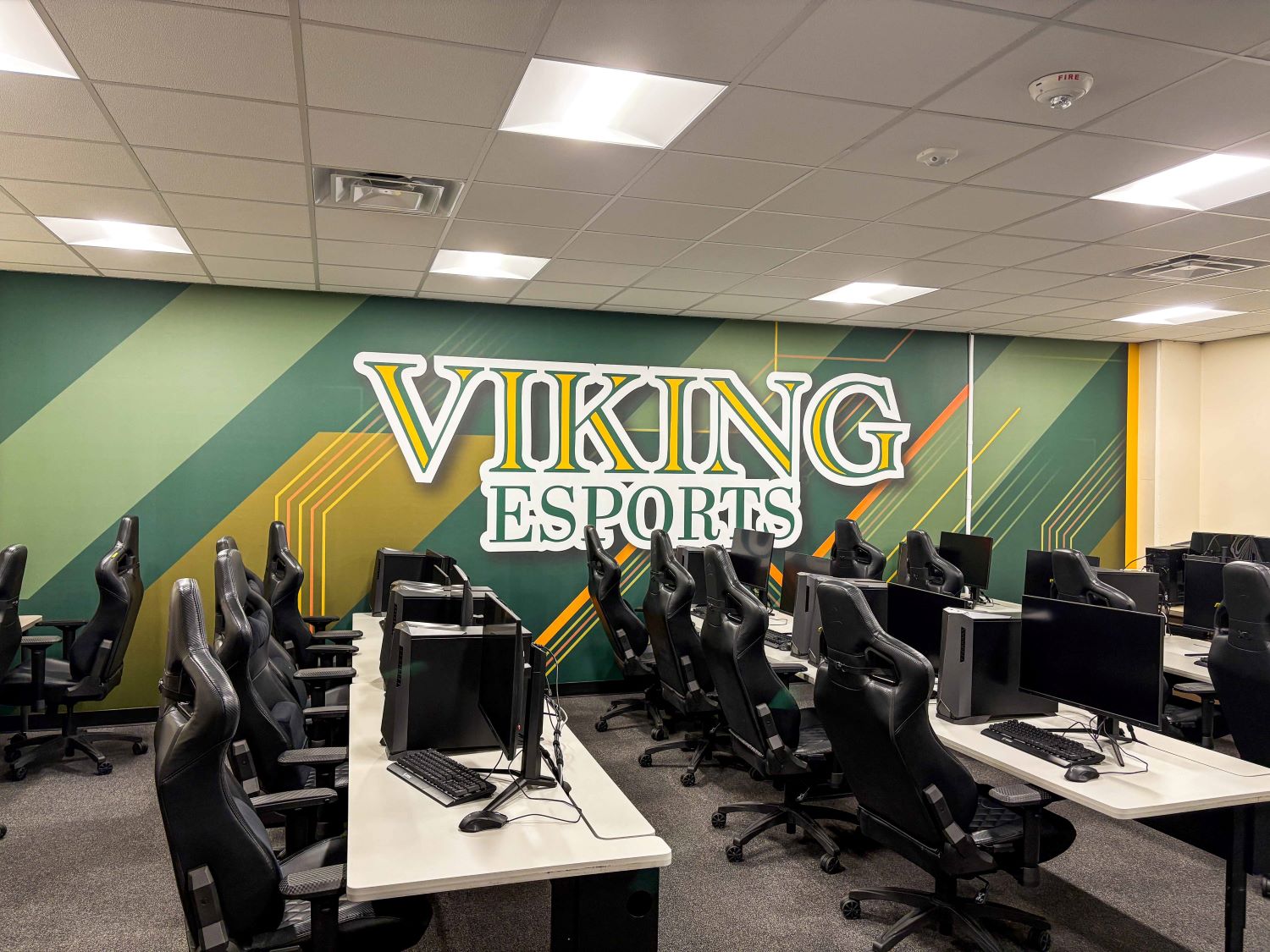 Viking eSports gaming room with giant wall graphics and a Viking ship that says eSports