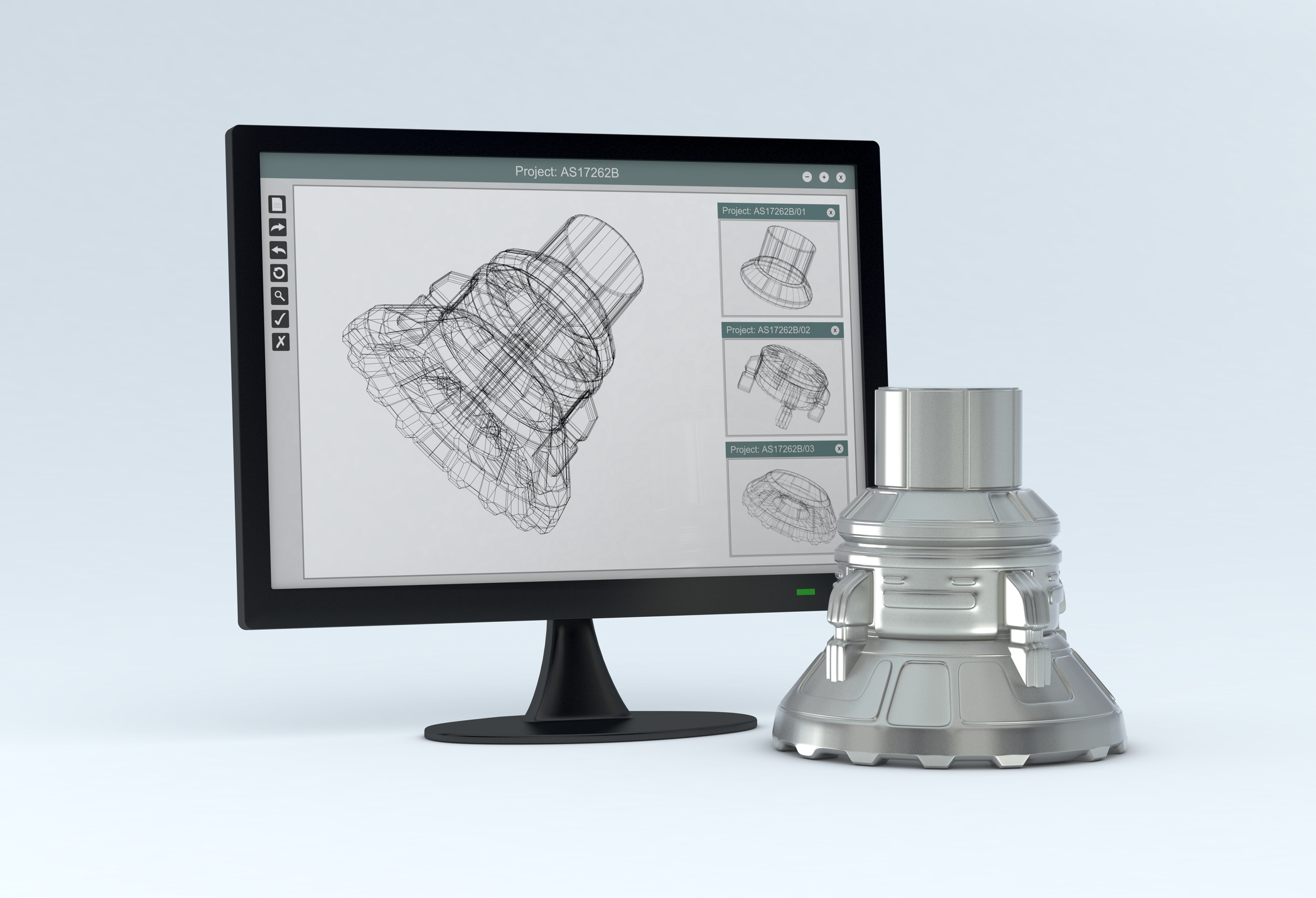 computer screen with CAD diagram on it, with the finished product sitting in front of the screen